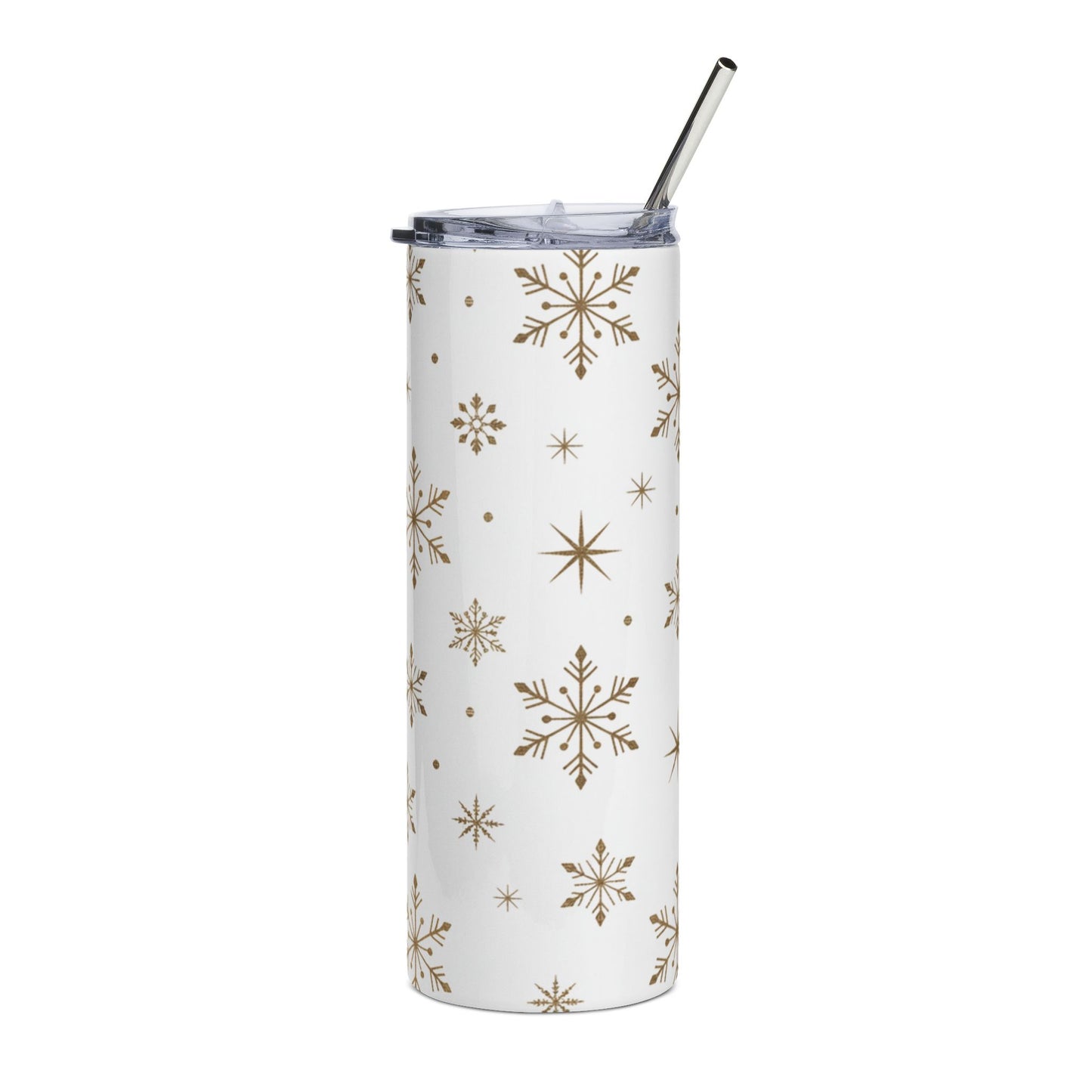 White tumbler with gold snowflake pattern and metal straw.