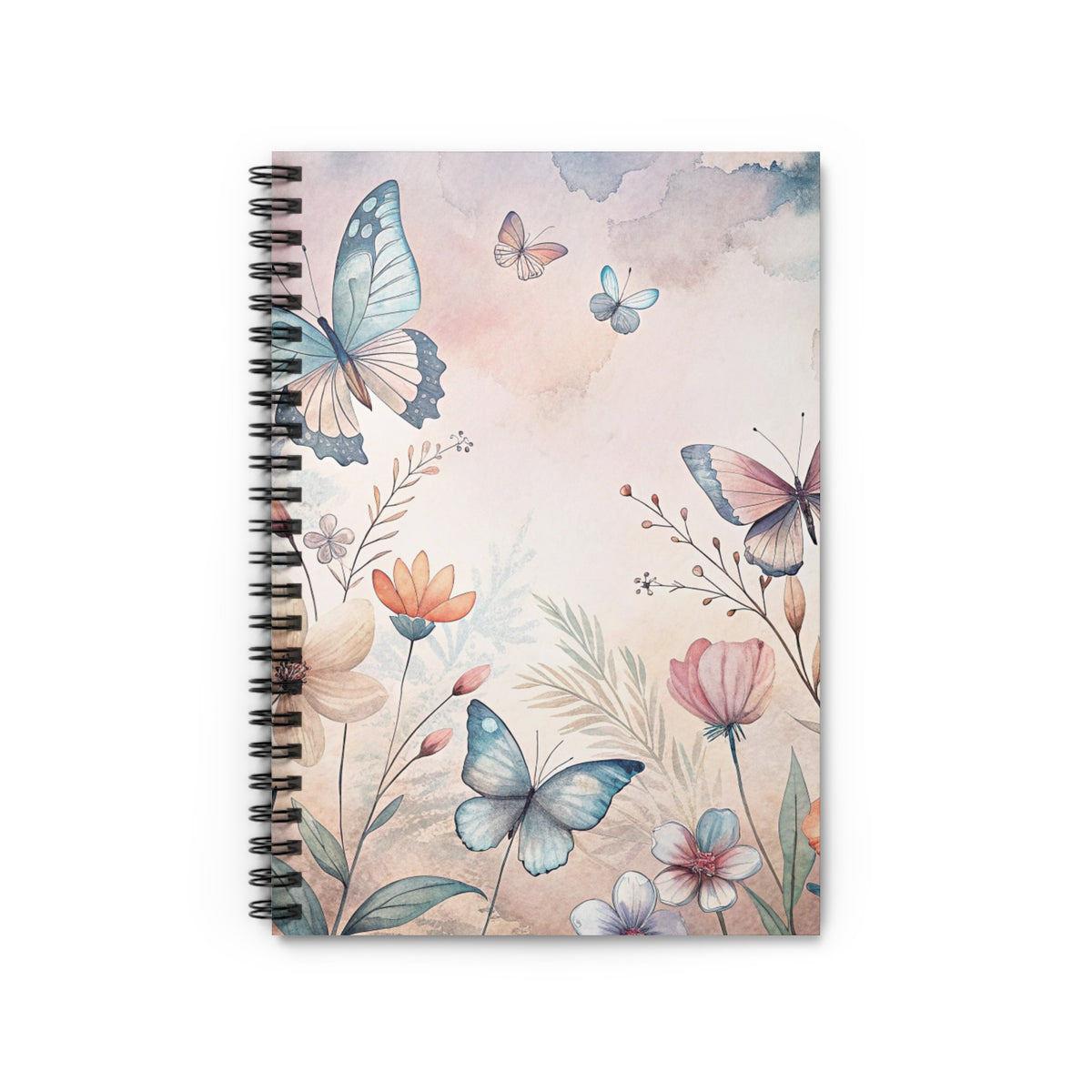 Spiral bound notebook with watercolor butterflies and floral design.