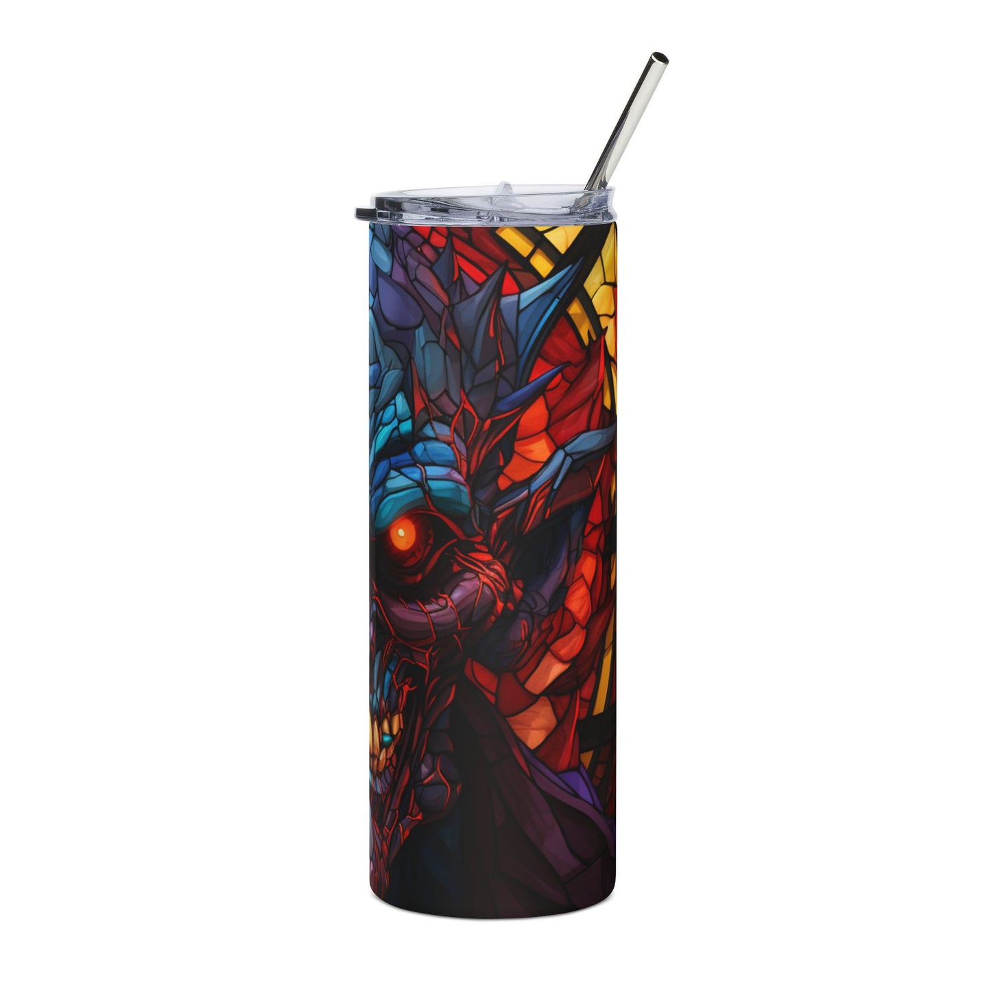 Tumbler with stained glass art depicting a menacing creature in red, blue, and yellow.