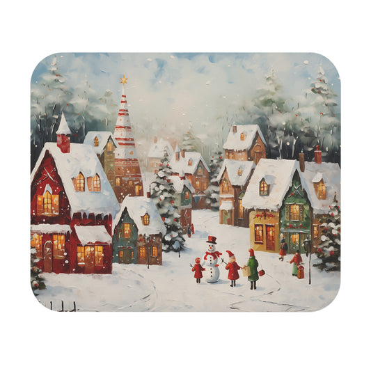 Snowy village scene with children and a snowman, festive lights, and a striped tree.