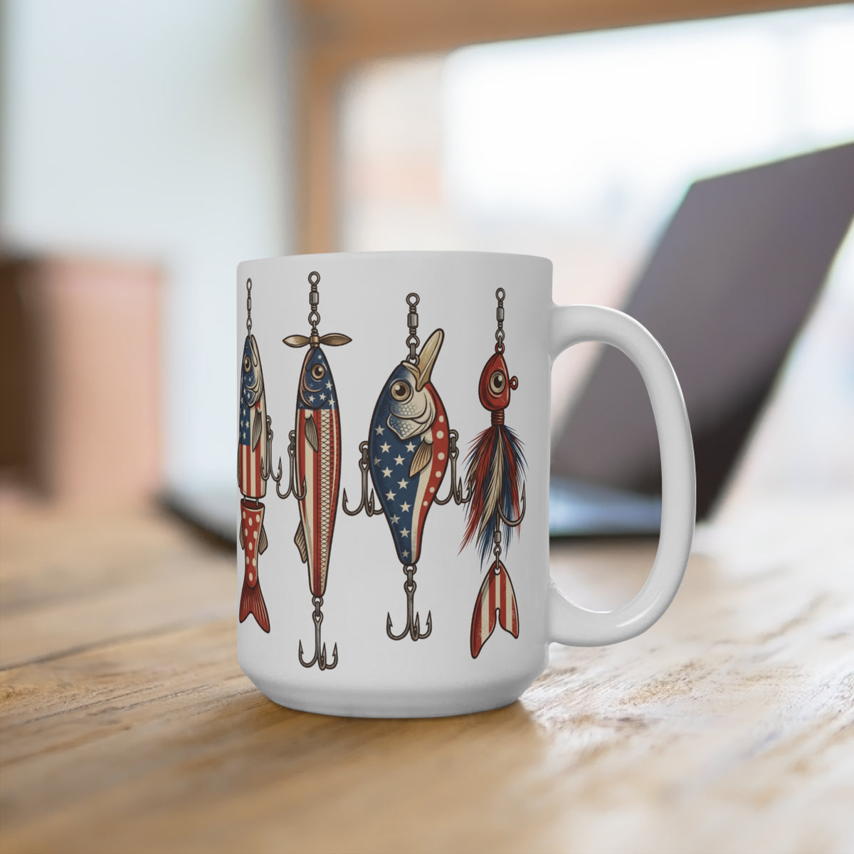 White mug with four fishing lures decorated with American flag patterns.