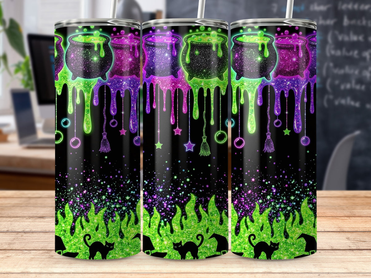 Three tumblers with black cats, witch hats, and cauldrons with dripping green and purple glitter.
