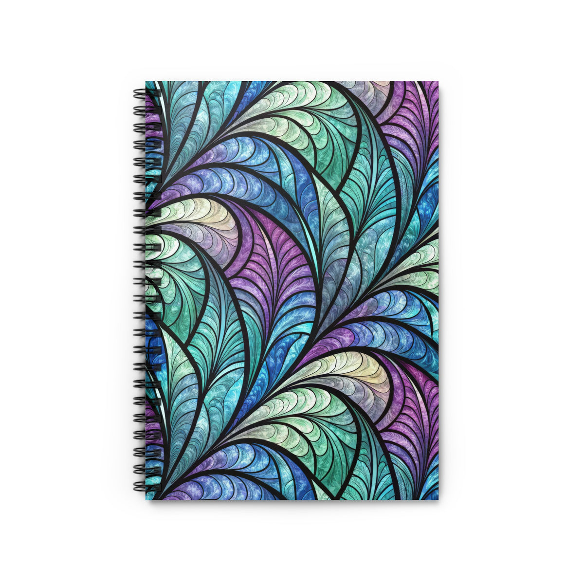 Spiral bound notebook with colorful stained-glass feather pattern.