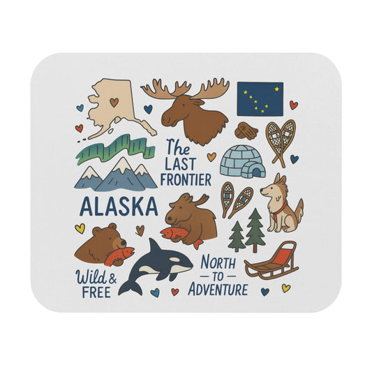 Alaska map, moose, aurora, mountains, igloo, sled, dog, bear, orca, fish, and text.