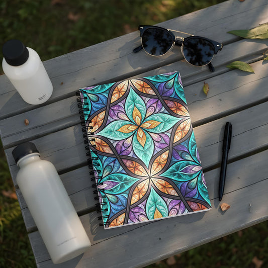 Notebook with stained-glass floral pattern, two water bottles, sunglasses, and pen.