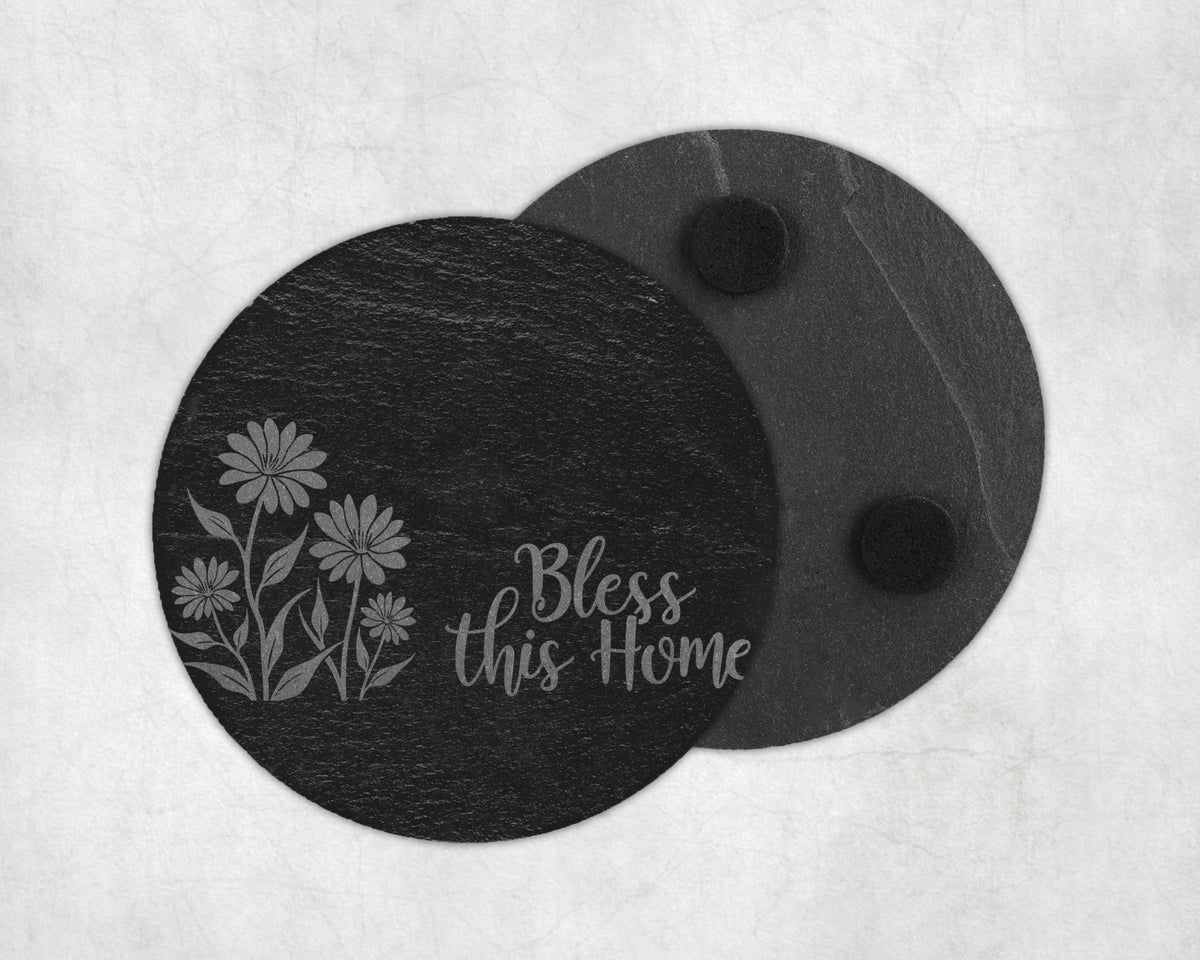 Round slate coaster engraved with flowers and "Bless this Home".