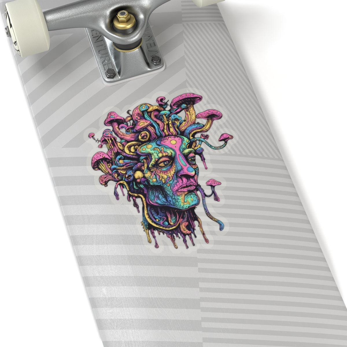 Psychedelic Medusa sticker with mushrooms on a skateboard.