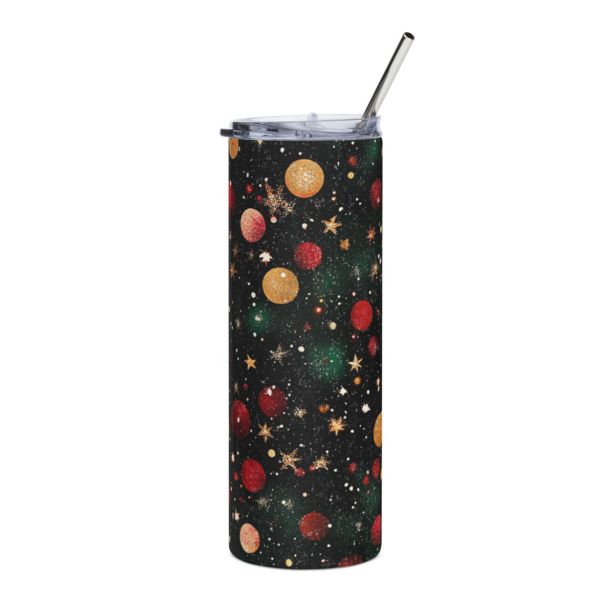 Black tumbler with red, gold, and green circular ornaments and stars.