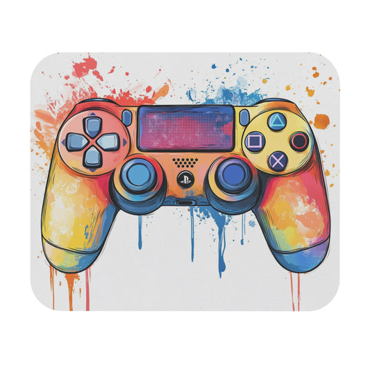 Rainbow-splattered video game controller with classic PlayStation symbols.