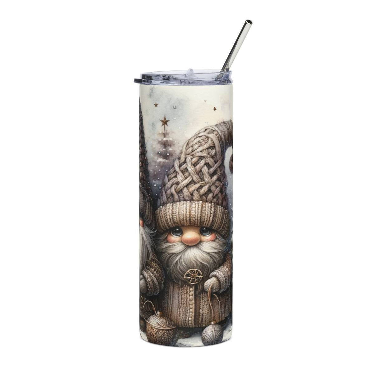 Tall tumbler with a watercolor gnome design and a metal straw.