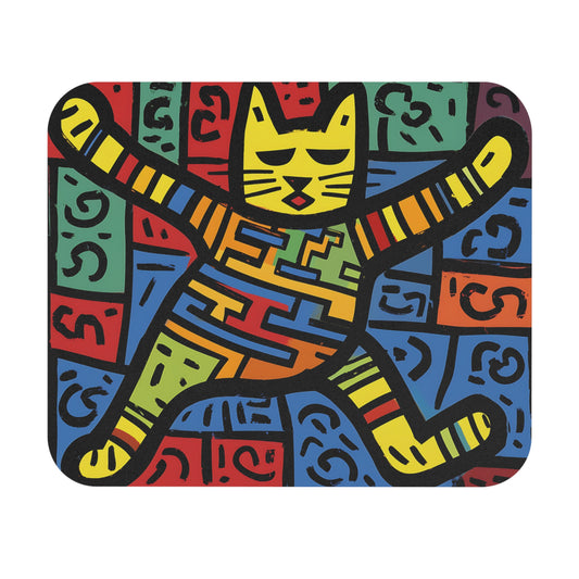 A colorful, abstract cat illustration features bold black outlines against a patterned, multi-colored background.