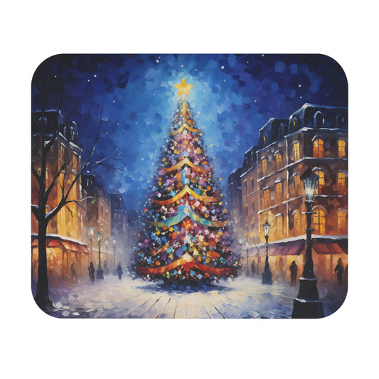 Oil painting of a decorated Christmas tree on a snowy city street at night.