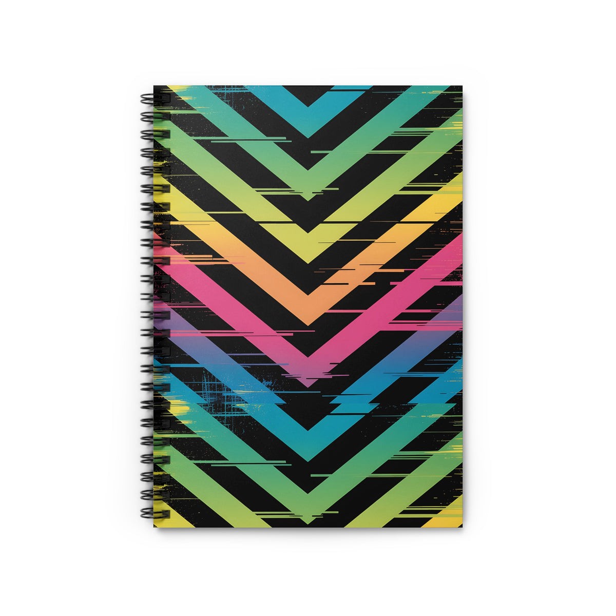 Spiral-bound notebook with a black cover featuring a chevron pattern in a rainbow gradient.