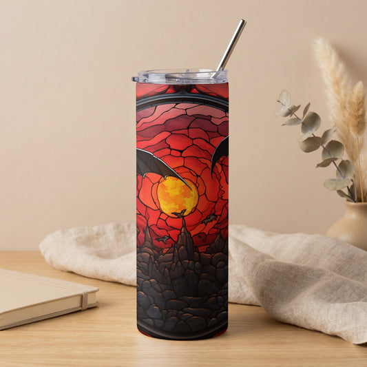 Tumbler with stained glass bats, moon, and castle at sunset.