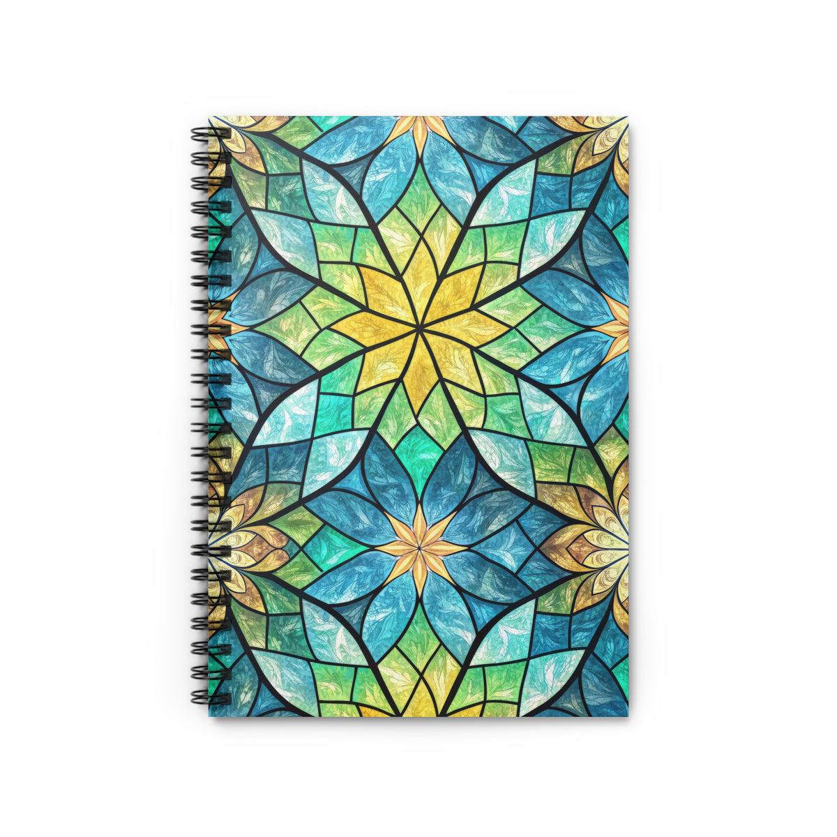 Spiral notebook with stained glass floral pattern in blue, green, and yellow.