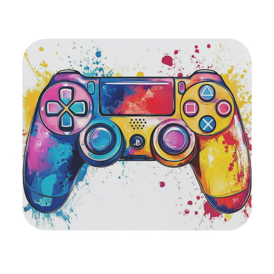 A video game controller with a vibrant, abstract watercolor splash art design.