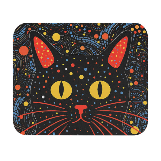 Black cat with yellow eyes and red nose on a patterned background.