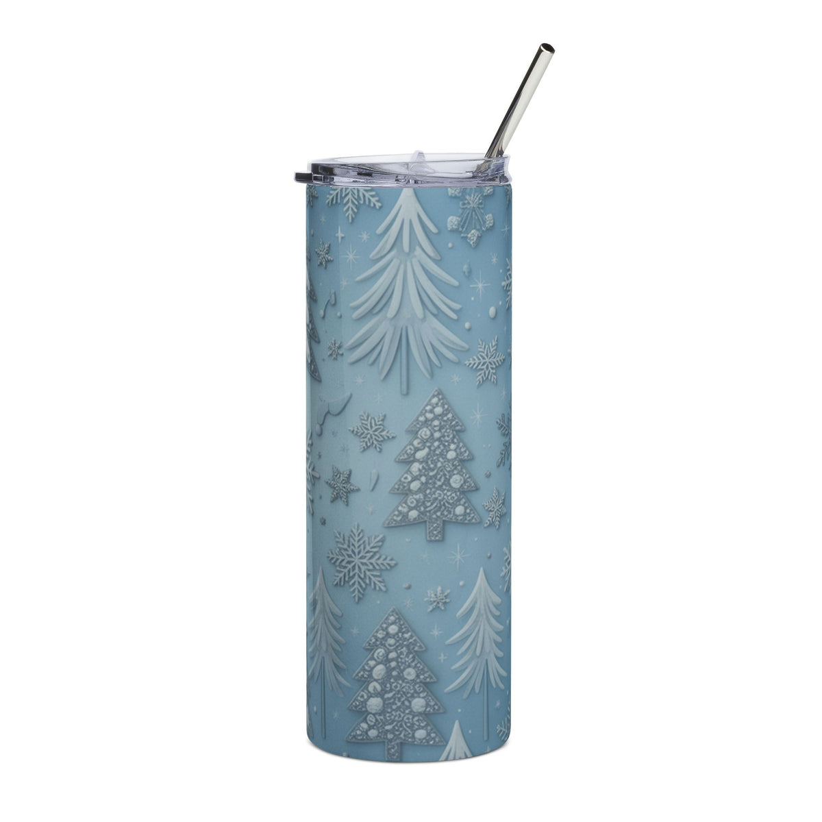 Blue tumbler with a festive winter forest and snowflake pattern, including a metal straw.