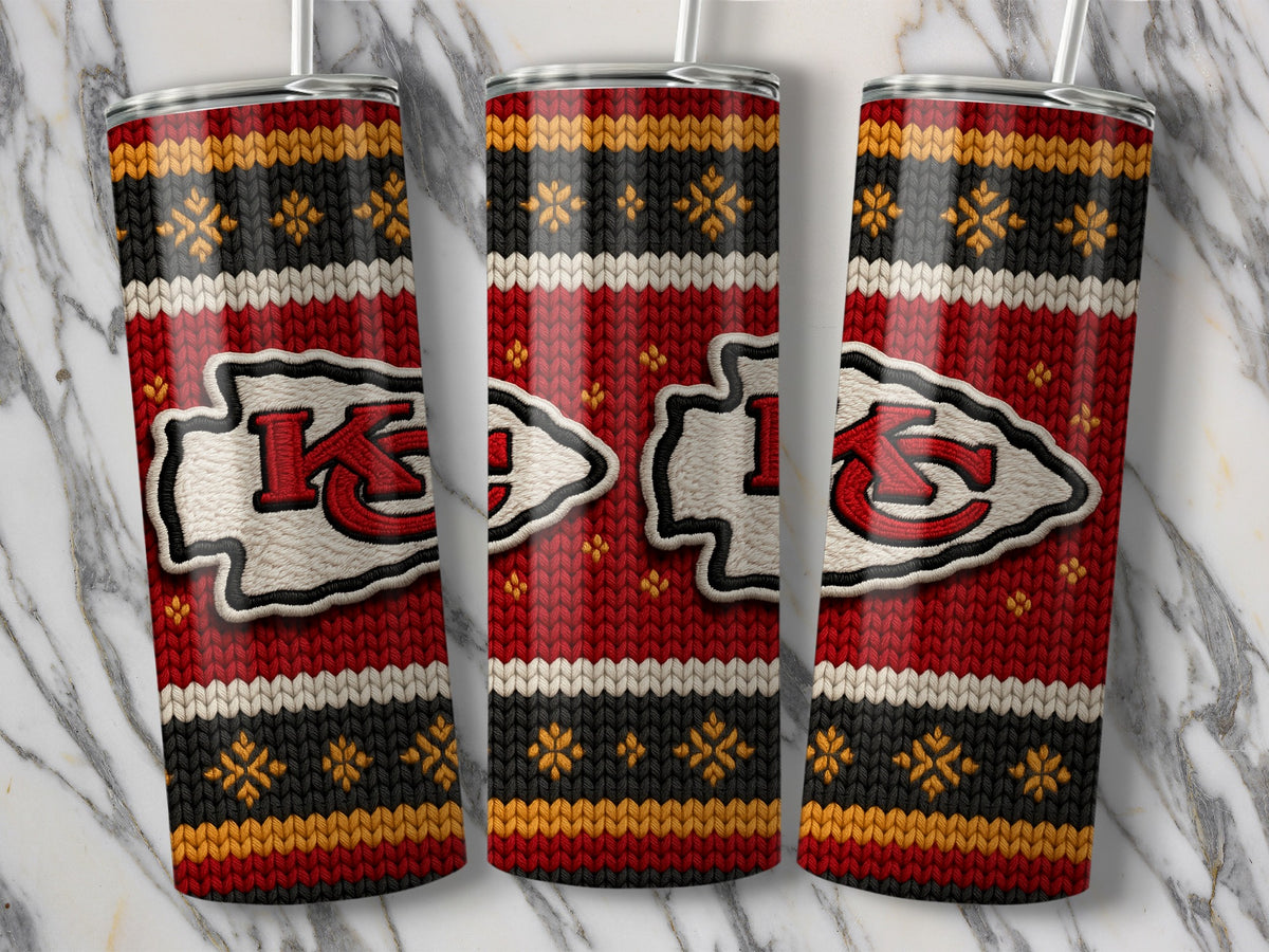 Three tumblers with a Chiefs logo and a red, white, black, and gold knit pattern.