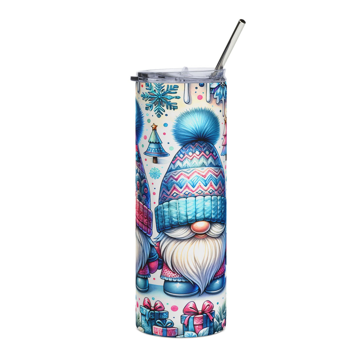 Tumbler with watercolor gnomes, snowflakes, Christmas trees, and presents.