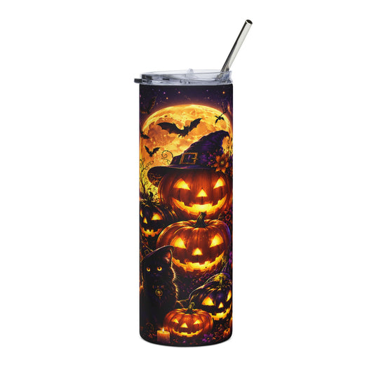 Tumbler with Halloween theme: jack-o'-lanterns, black cat, bats, moon, and witch hat.