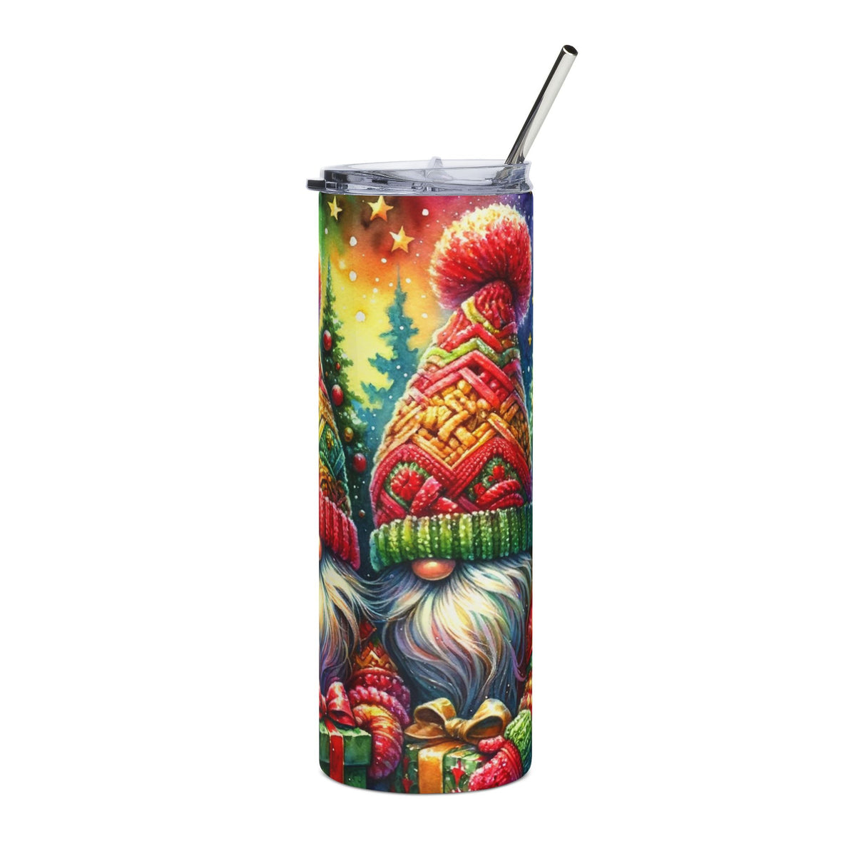 Tumbler with a watercolor painting of gnomes and Christmas gifts under a starry sky.
