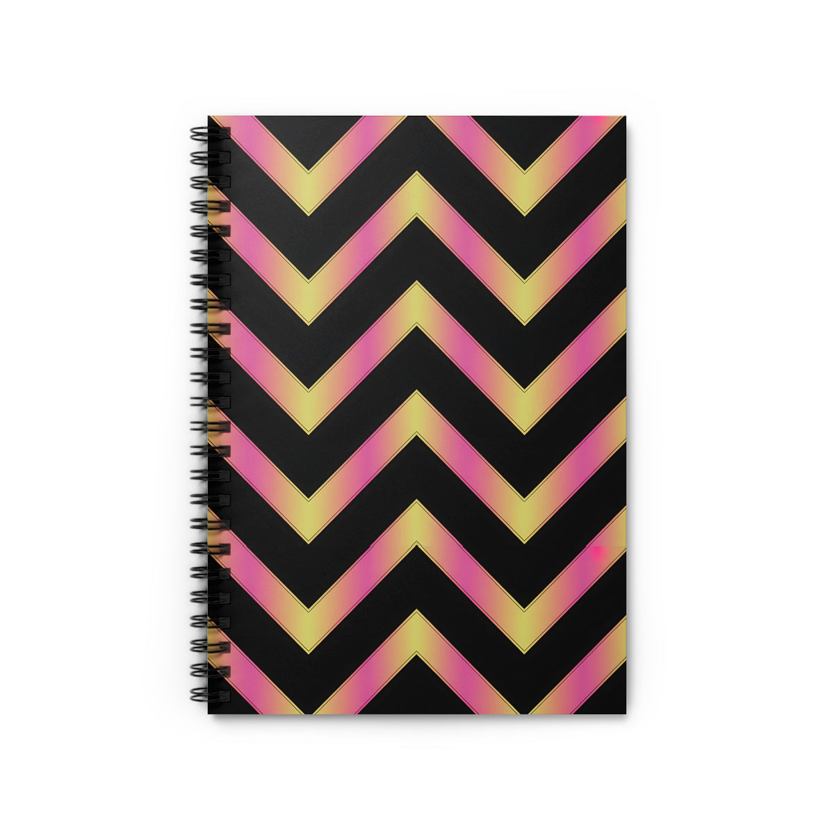 Spiral-bound notebook with black background and pink and yellow gradient chevron pattern.