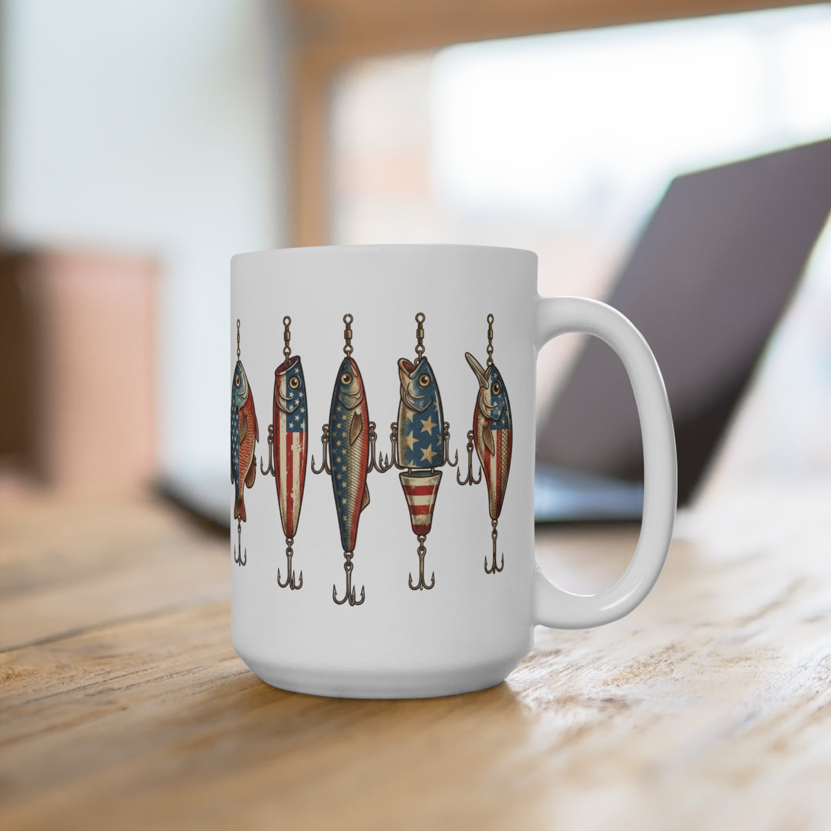 White mug with a repeating pattern of vintage-style fishing lures with American flag designs.
