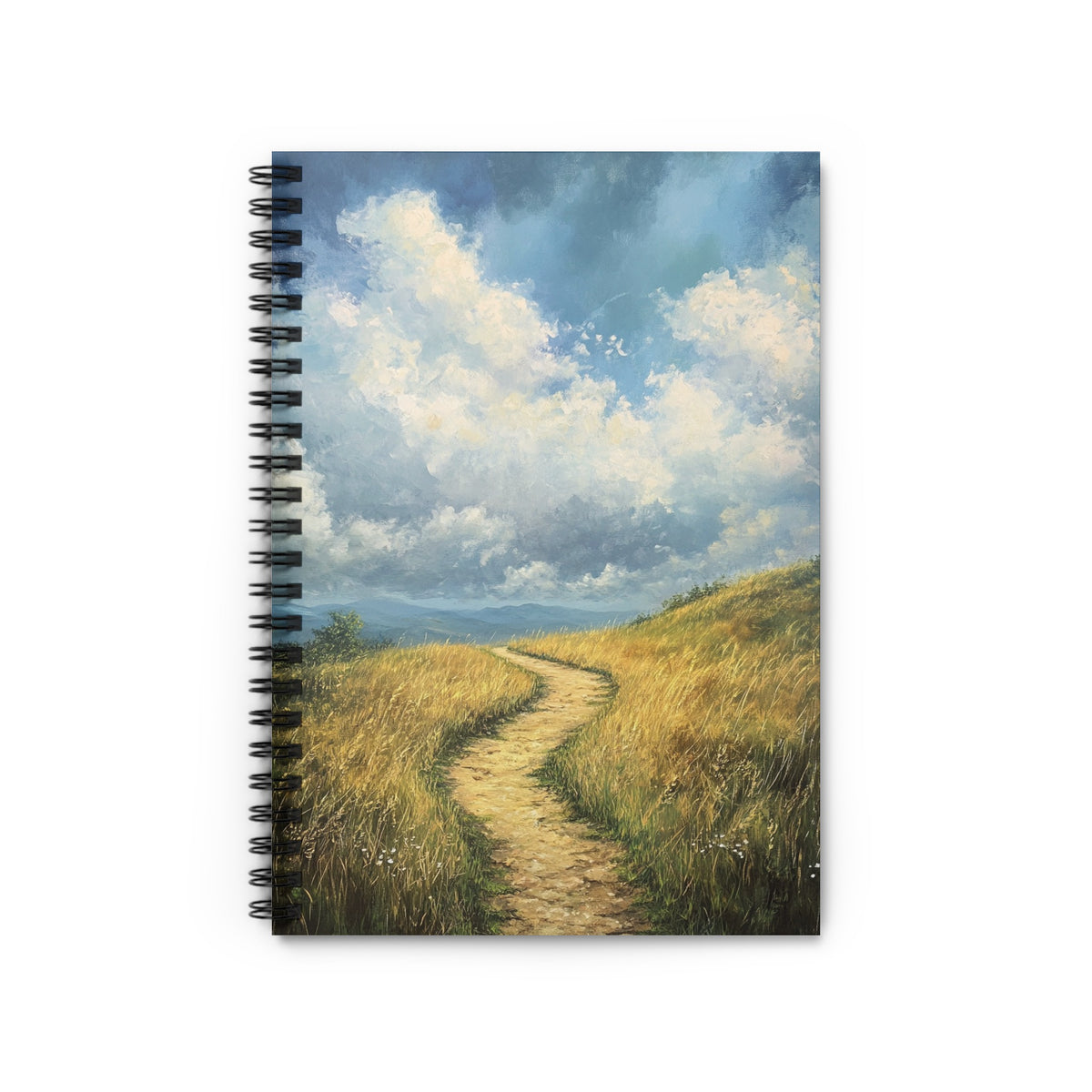 Spiral-bound notebook with painting of a winding path through golden grass under a cloudy sky.