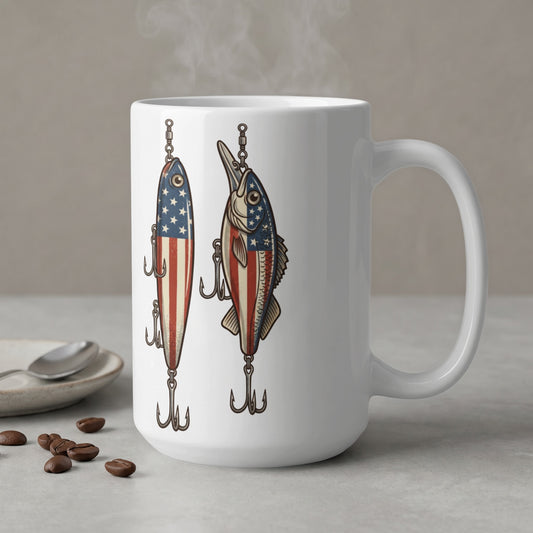 White mug with two fishing lures designed with American flag patterns and hooks.