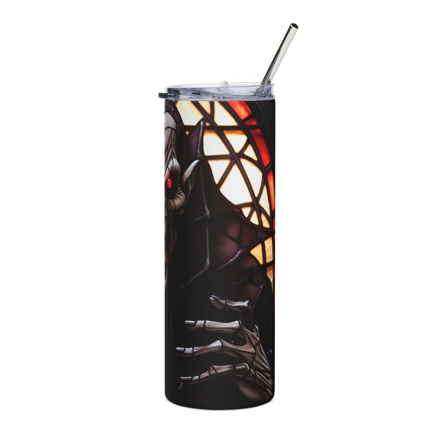 Tumbler with a skeletal hand reaching out against a stained-glass background.