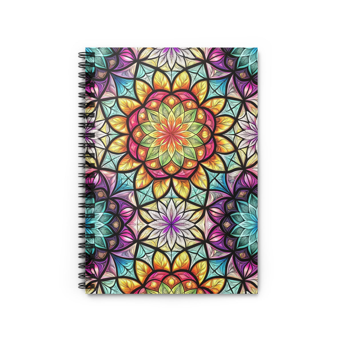 Spiral bound notebook with colorful stained-glass mandala design.