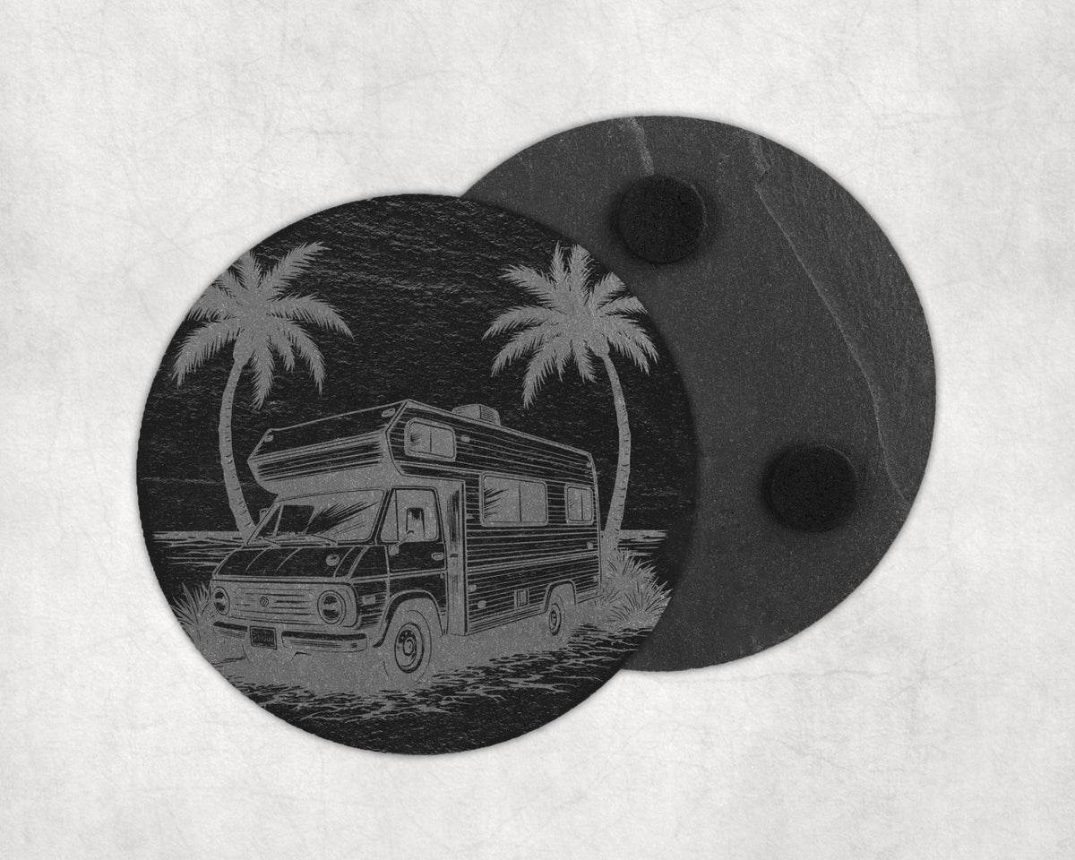 Round slate coaster with engraved vintage camper and palm trees.