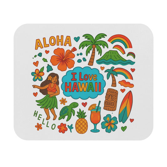 Hawaiian icons including a hula dancer, pineapple, and surfboards with "Aloha" and "I Love Hawaii" text.