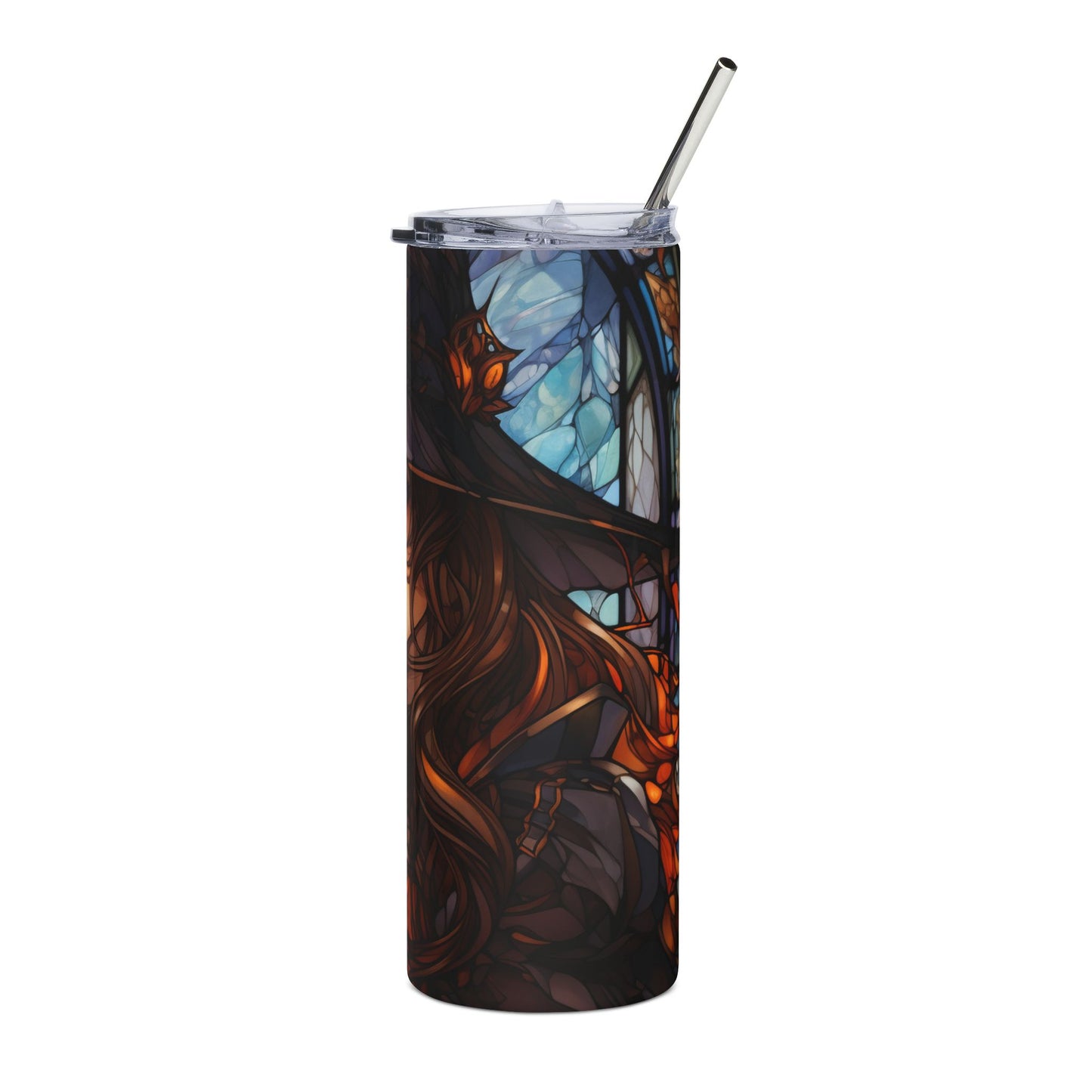 Tumbler with stained glass art featuring flowing hair and blue, orange, and dark tones.
