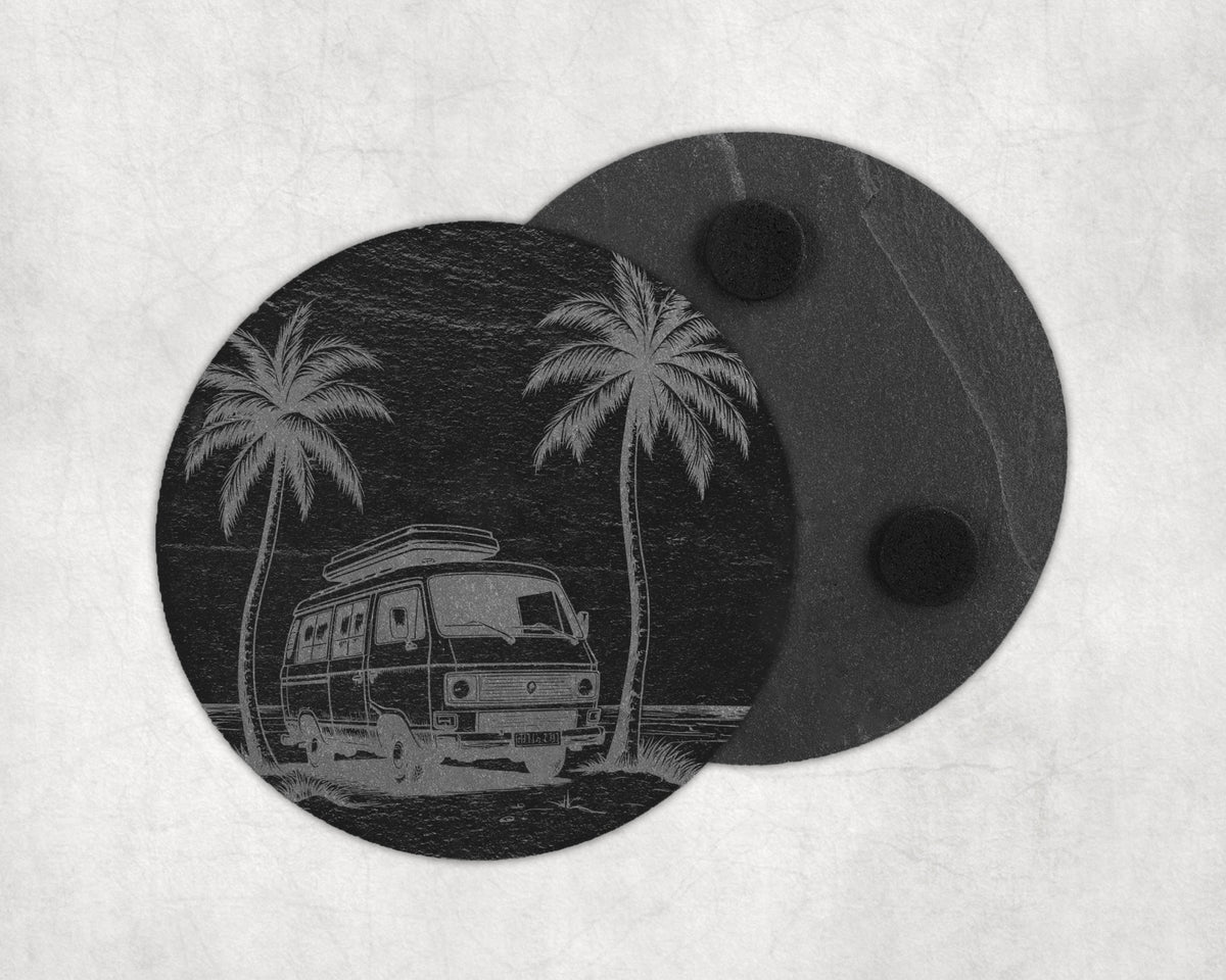 Engraved slate coaster with a camper van and palm trees at the beach.