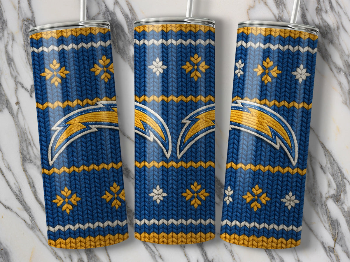 Three tumblers with blue, yellow, and white knit pattern and Chargers logo.