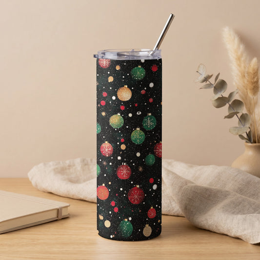 Tall tumbler with a black background and festive red, green, and gold Christmas ornament pattern.