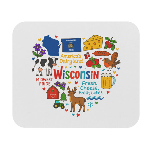 Heart illustration featuring Wisconsin map, cow, cheese, barn, deer, beer, and text.