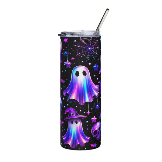 Black tumbler with purple and blue iridescent ghosts, spiders, bats, skulls, and stars.