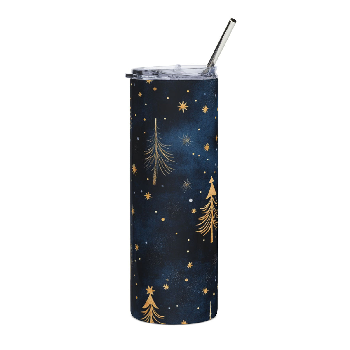 Dark blue tumbler with gold Christmas trees and stars, and a metal straw.