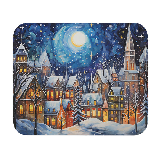 Whimsical village under a glowing moon and starry sky during snowfall.