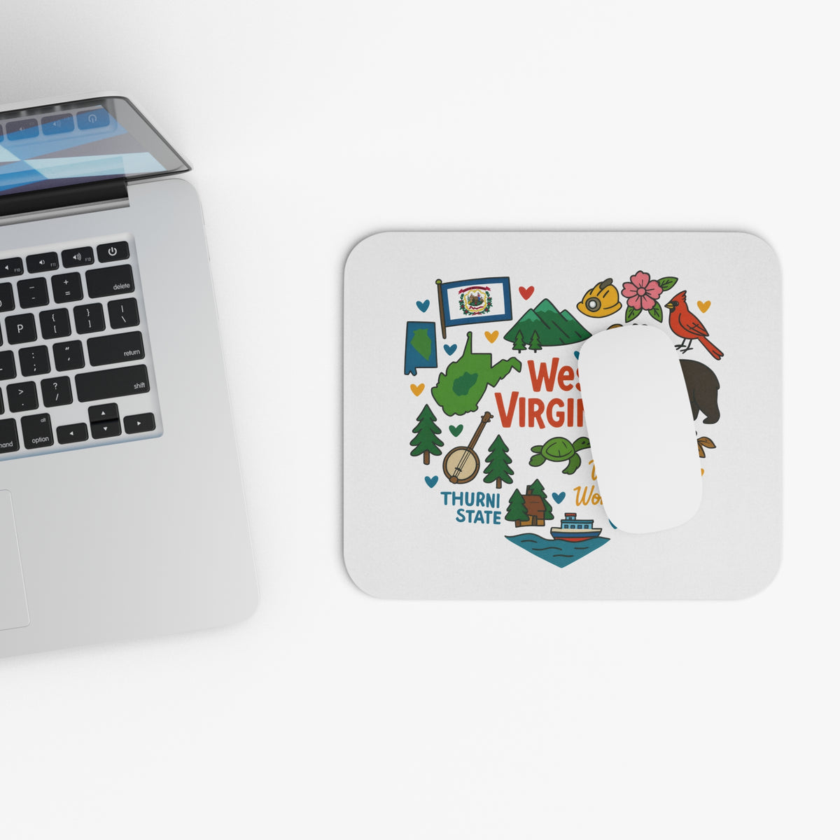 West Virginia themed mousepad with state map, flag, and icons.