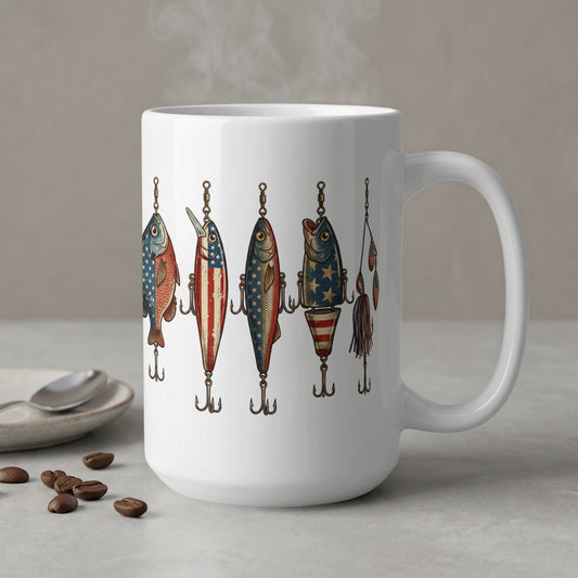 White mug with fishing lures decorated with American flag patterns.