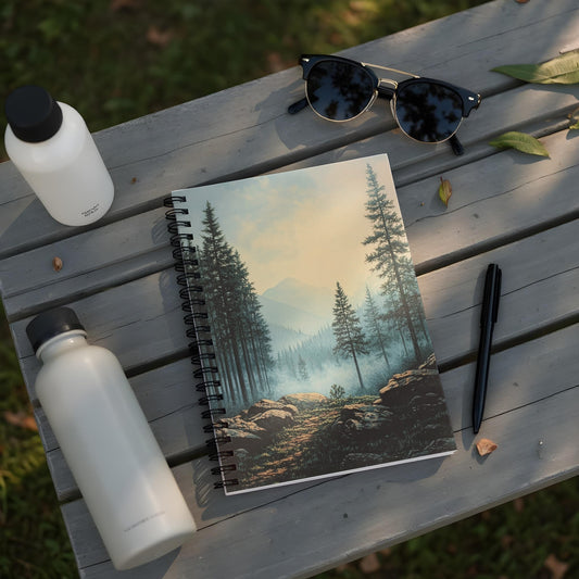 Spiral bound notebook with misty mountain forest scene, water bottles, sunglasses, and pen.