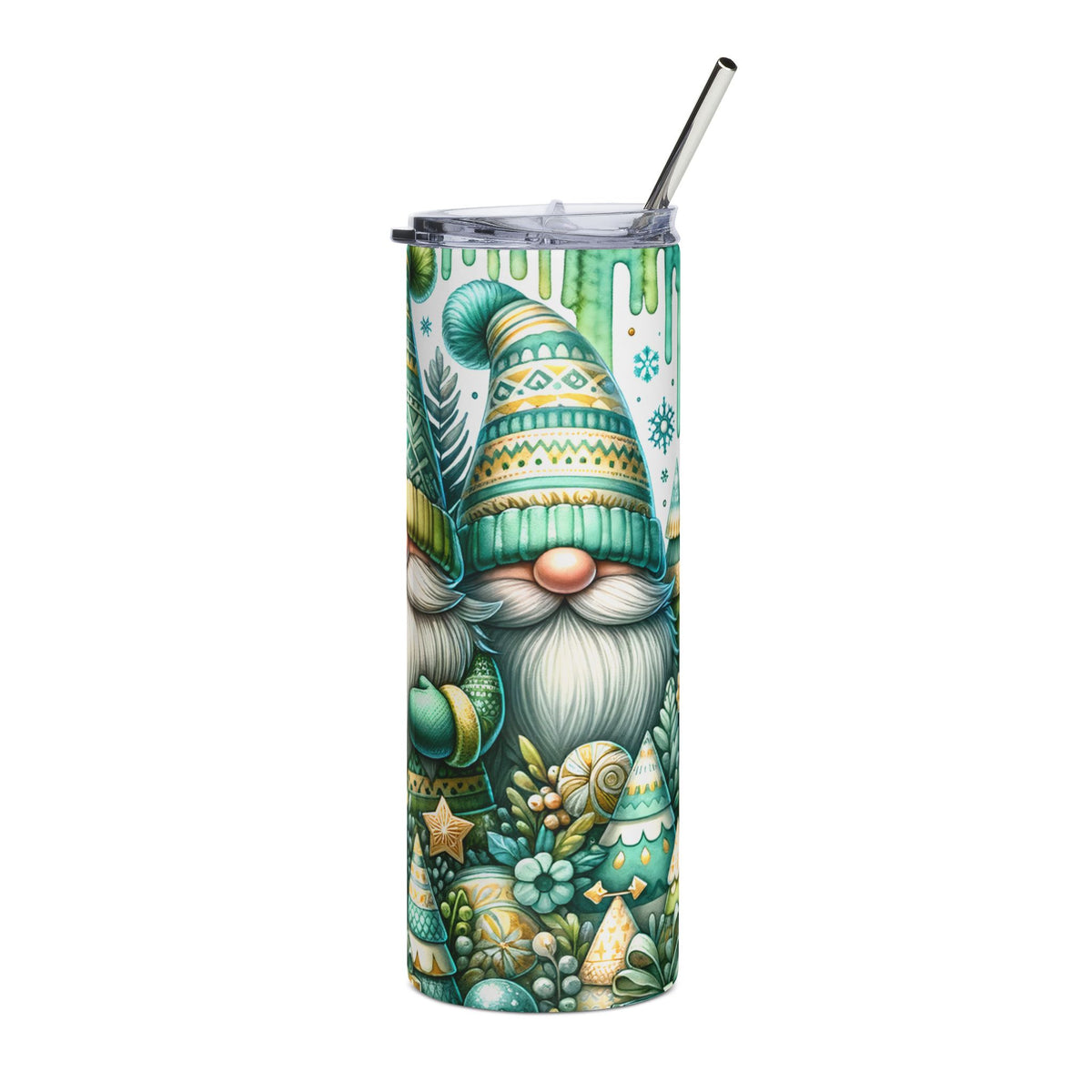 Tumbler with a pattern of gnomes, pine trees, and festive decorations.