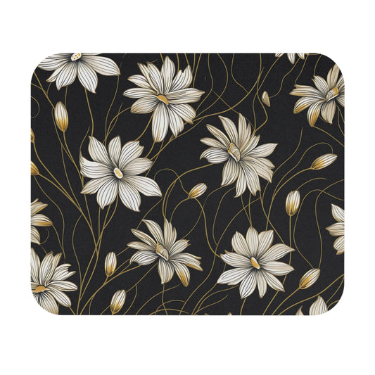 Floral pattern with white and gold flowers on a textured dark background.