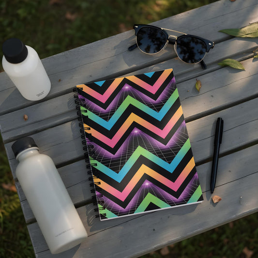Spiral notebook with vibrant chevron pattern and futuristic grid design.