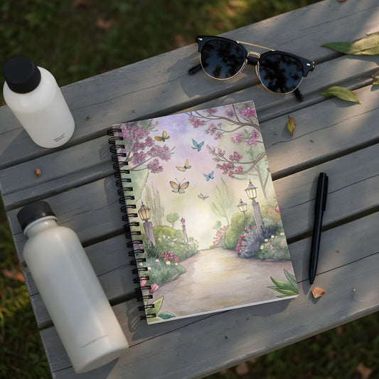 Spiral-bound notebook with watercolor illustration of a garden path with butterflies and cherry blossoms.