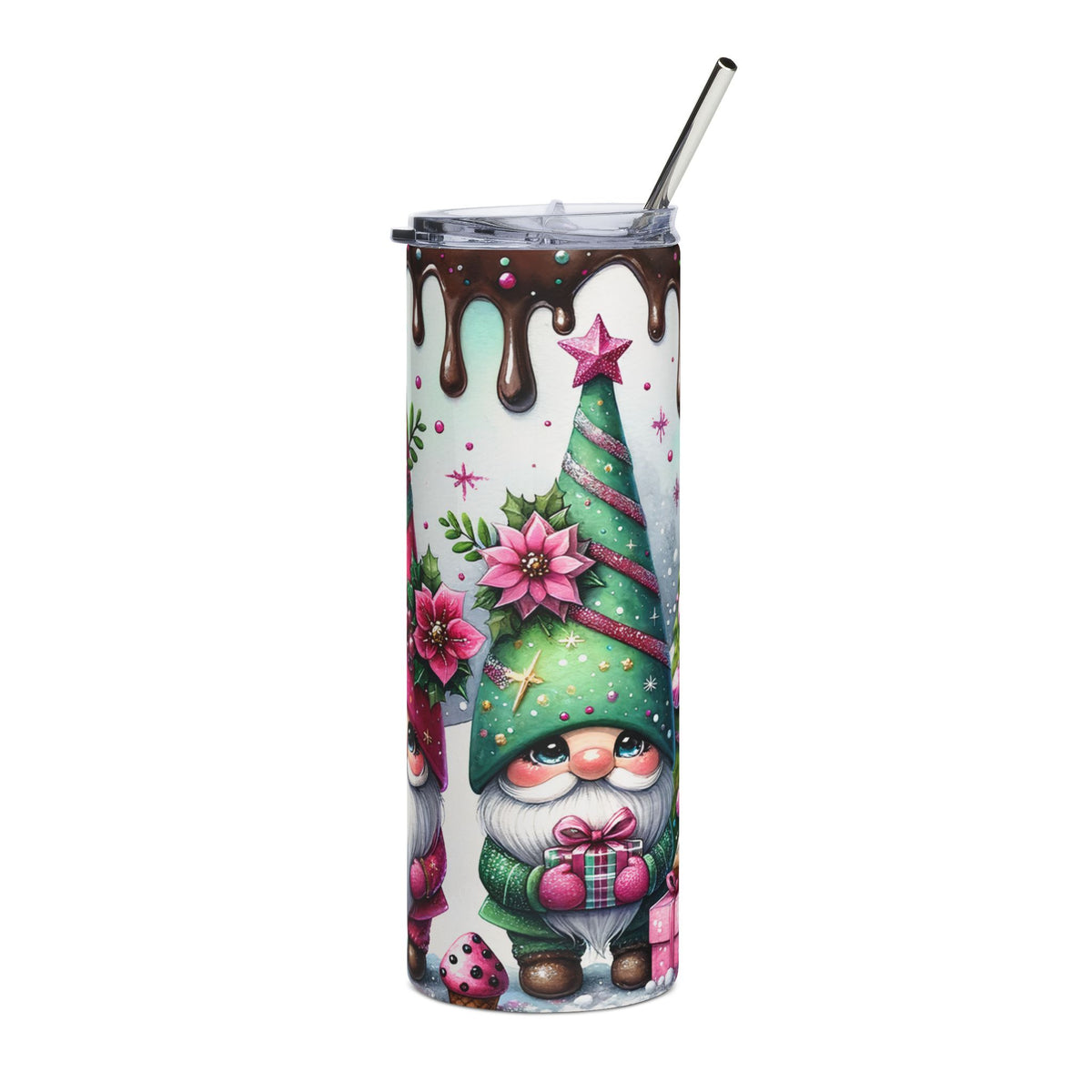 Christmas gnome and tree design on a white tumbler with chocolate drizzle top.
